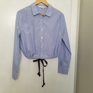 White and blue stripes long sleeves cropped top L